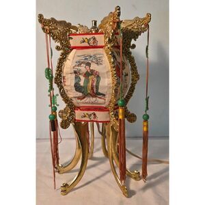 Vintage Asian Brass Table Lamp Pagoda Style Fabric Shade Tassels